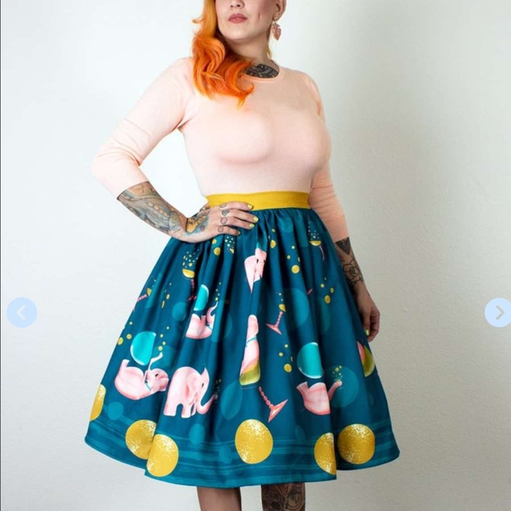 The Oblong Box Shop Tipsy Elephant Retro Full Vintage Print Skirt